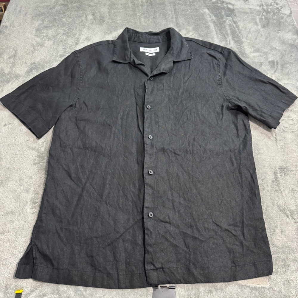 Zara Black 100% Linen Short Sleeve Button Up Camp Collar Shirt Mens Medium